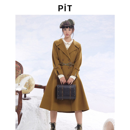 PIT复古绵羊毛呢子大衣外套长款双面呢外套