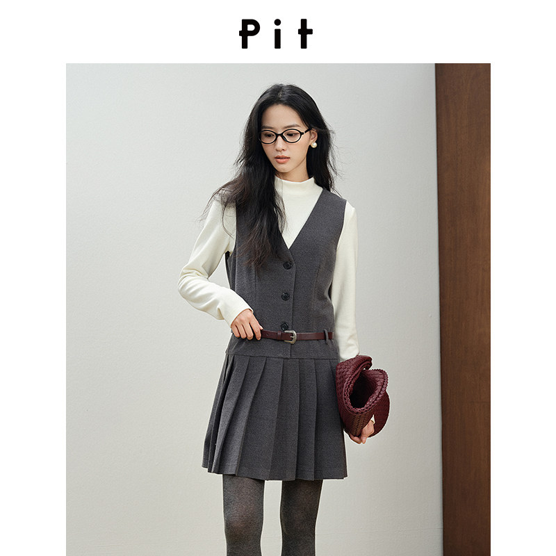 PIT复古灰色无袖吊带背心连衣裙女早秋冬新款a字百褶西装短裙