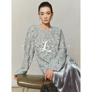 SailingLUO/25秋装新款定染腈纶线盘带刺绣圆领显瘦镂空套头上衣
