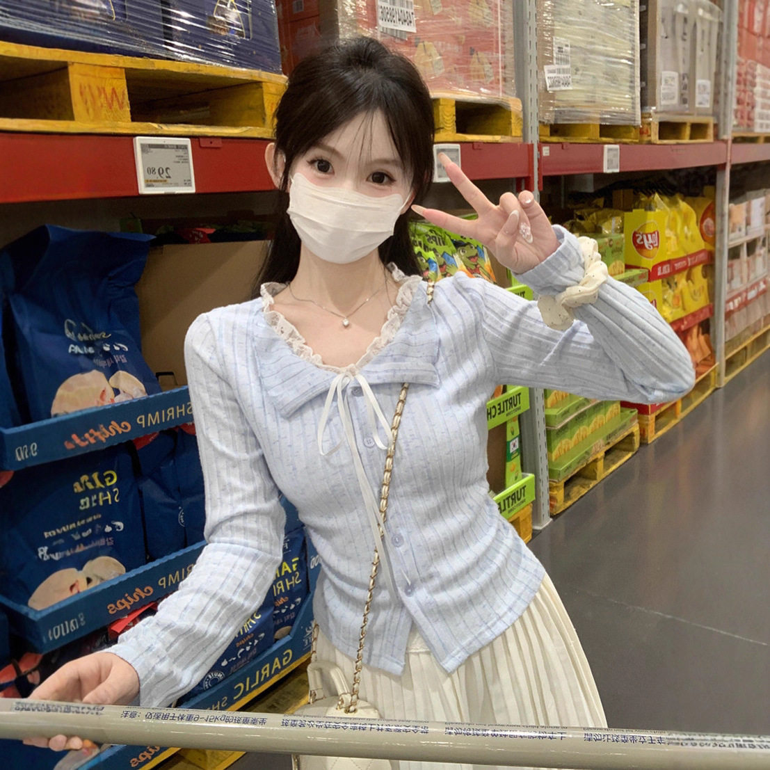 韩系甜美风蓝色蕾丝系带长袖T恤女装秋季假两件别致绝美显瘦上衣