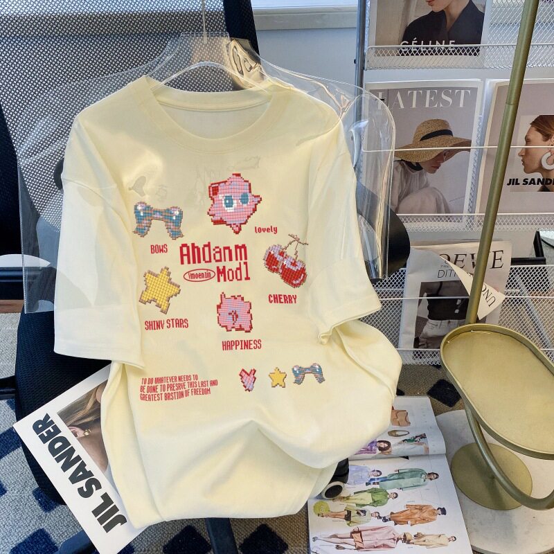 奶杏色卡通可爱趣味刺绣甜酷精梳纯棉夏装短袖T恤女宽松韩版上衣