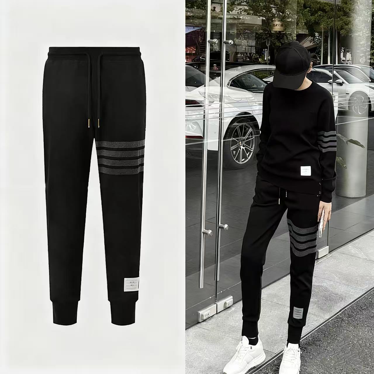 欧美风侧织带条纹卫裤男女宽松休闲运动长裤潮流收口束脚裤高品质