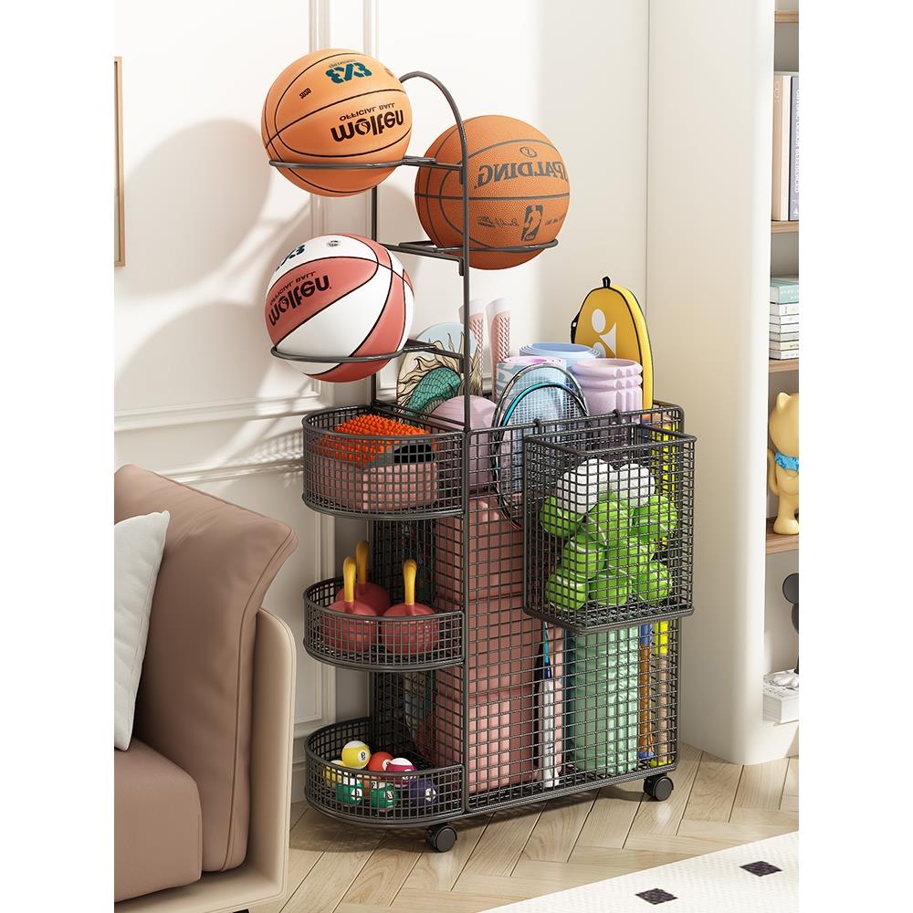 运动健身器材收纳置物架家用篮球羽毛球拍球类收纳架瑜伽垫收纳筐