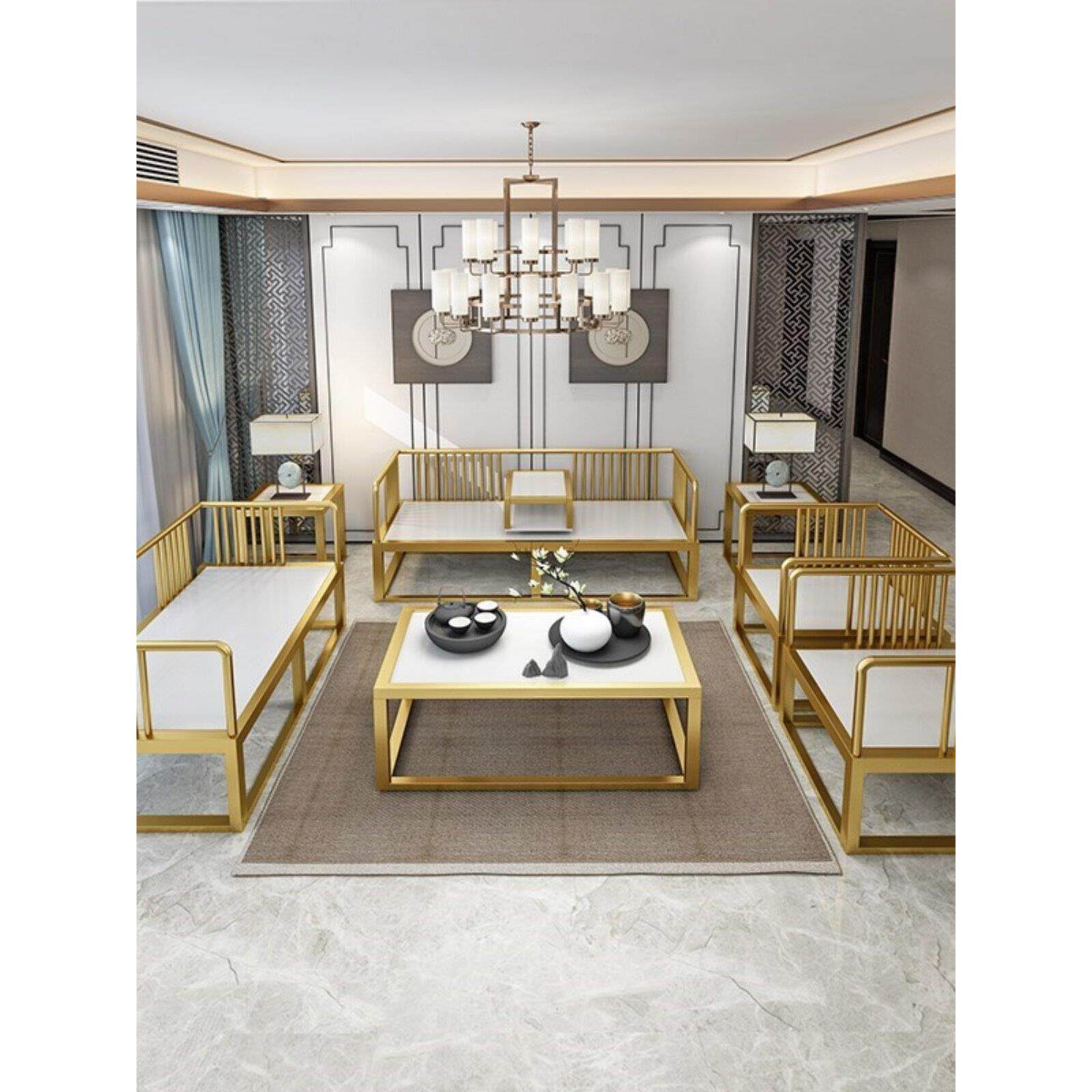 新中式铁艺实木沙发茶几组合轻奢简约现代客厅商务办公室接待沙发