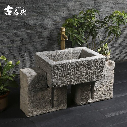 老石槽洗手盆石头水槽木架洗手池户外庭院水盆洗衣槽拖把池室外