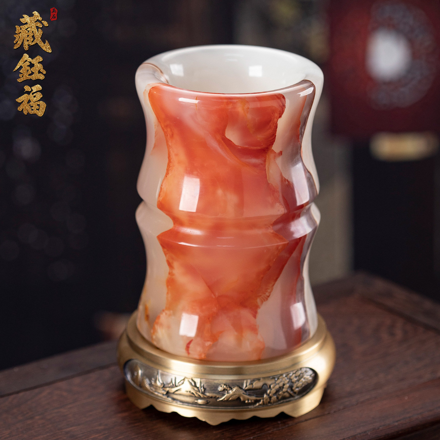 藏钰福天然玉石大号毛笔笔筒摆件复古装饰礼品中国风创意个性