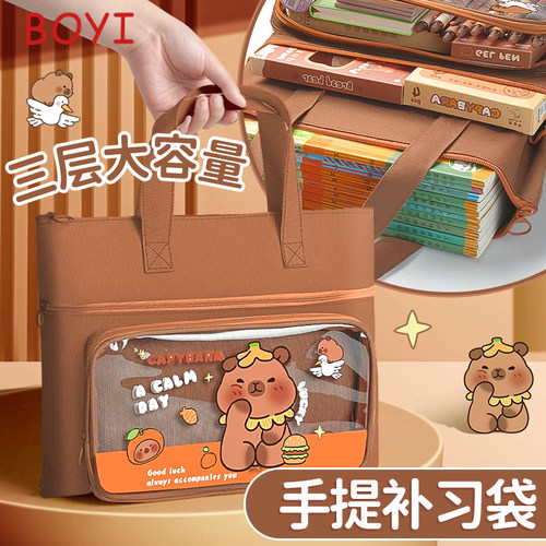 卡皮巴拉小学生补课袋手提拎书袋美术包帆布大容量课本作业补习包防水A4孕妇产检资料学习拉链收纳文件袋定制