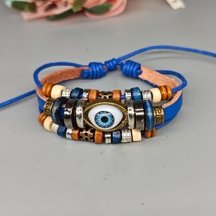 蓝色眼睛皮革手链民族国潮手环网红编织串珠情侣欧美手绳二次可调