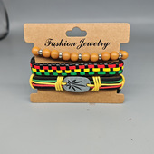 牙买加套装 红黄绿编织皮革手链学生嘻哈hiphop街舞可调撞色多巴胺