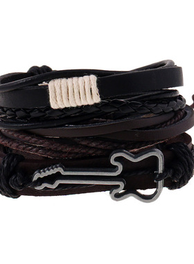 欧美风简约复古编织牛皮手链合金吉他真皮手链多层套装