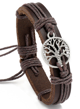 跨境新款饰品个性编织生命树牛皮手链欧美复古首饰创意抽拉手绳
