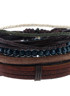 欧美流行男士首饰跨境电商稳定厂家货源复古编织diy皮质套装手链