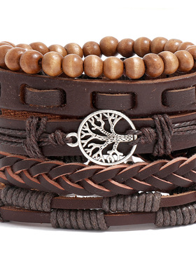 跨境热销饰品个性手工编织复古皮革手链diy5件套生命树套装手环