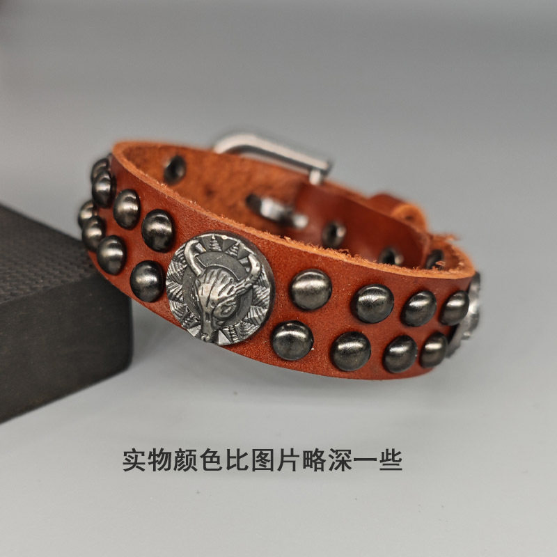花百饰手环铆钉欧美跨境复古朋克牛皮手链网红款真皮手镯可调羊头