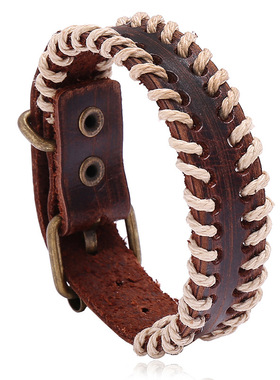 欧美新款男士饰品手工缝线做旧复古牛皮手链可调节编织手带配饰