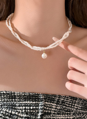 法式2025新款复古珠珠吊坠项链女氛围感百搭双层小米珠颈链锁骨链