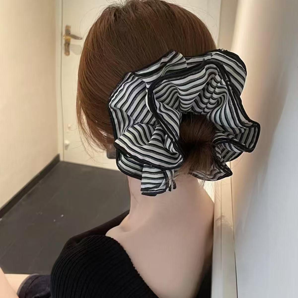 韩系黑白条纹双层大号大肠发圈女气质扎头发丸子头发绳低马尾头绳
