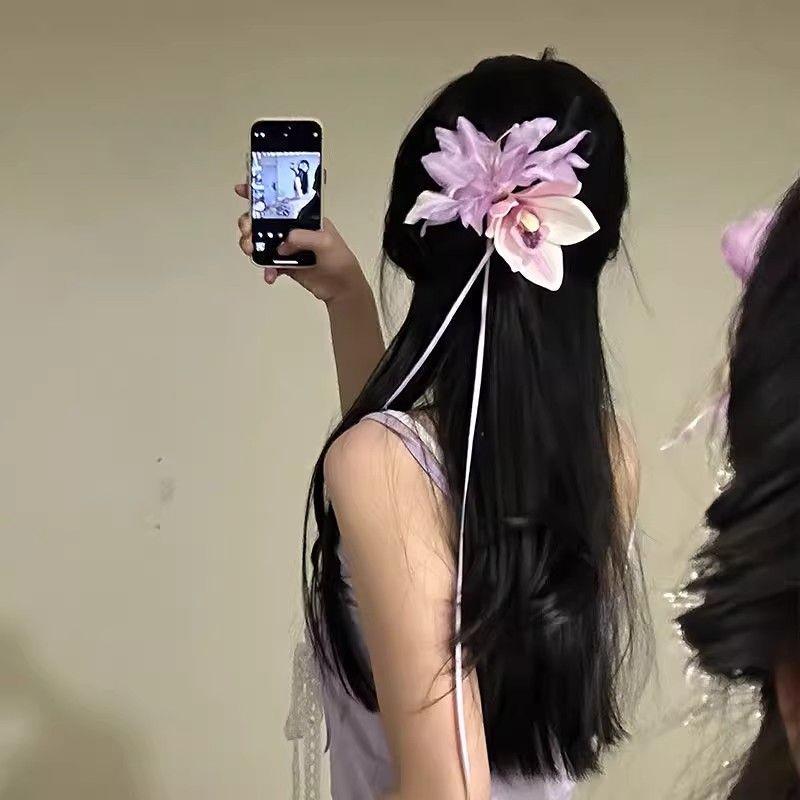 紫藤花森系紫色蕙兰花朵流苏发夹女超仙氛围感仿真头花侧边夹发饰