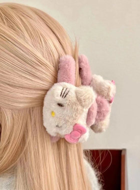 韩版新款甜美少女双面kt蝴蝶结毛绒抓夹卡通可爱鲨鱼夹高颜值发夹