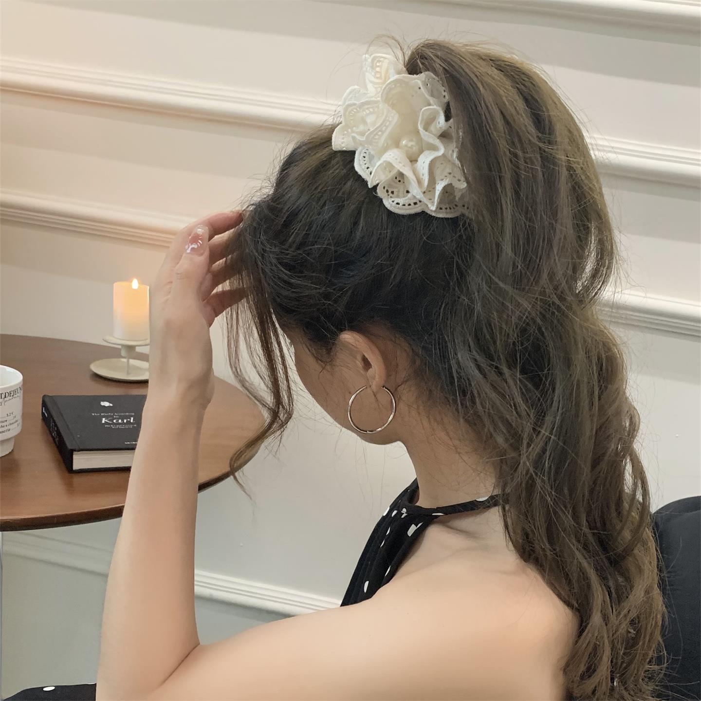 韩国蕾丝花朵珍珠蝴蝶结发夹2025新款纯欲气质扎马尾香蕉夹发饰女