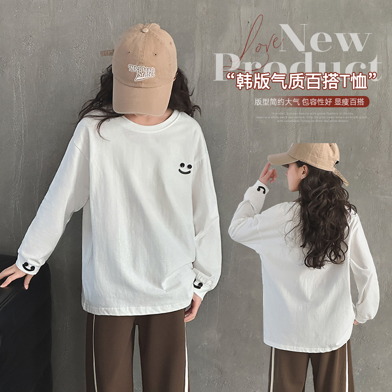 新款女童打底衫长袖T恤2025春装百搭洋气中大童纯棉简约白色上衣T