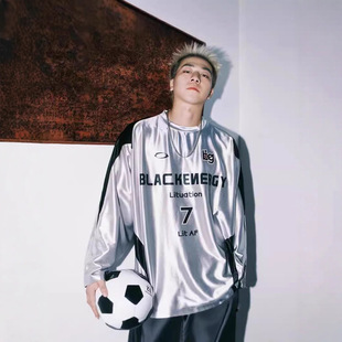 T恤男女卫衣嘻哈美式复古球衣高街拼接撞色字母印花运动银色长袖