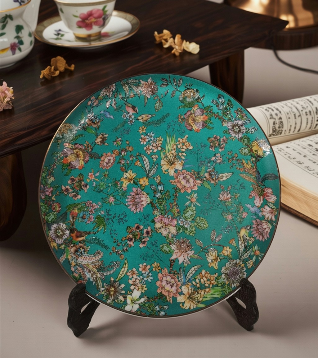 德罗嘉骨瓷看盘赏盘木座盘珐琅彩瓷盘挂盘摆盘书房中式装饰摆件,家居饰品,装饰摆件,淘宝优惠券,粉丝福利购,淘宝优惠卷