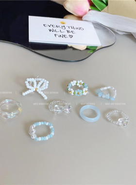 日韩ins蓝色系甜美奶油串珠戒指 手工米珠戒指混色可爱花朵戒指女