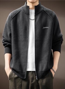 高端刺绣立领拉链开衫毛衣男士外套秋季新款美式潮牌重磅休闲衣服