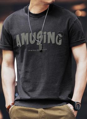 格蓝鹿美式复古短袖t恤男夏季潮流宽松休闲圆领纯棉黑色半袖体恤