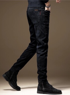 秋季新款高端弹力黑色男士牛仔裤潮牌修身小脚休闲加绒显瘦裤子男