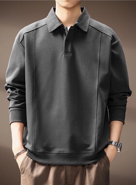 高端美式潮牌结构拼接长袖Polo衫男士秋季加绒宽松休闲打底衫卫衣