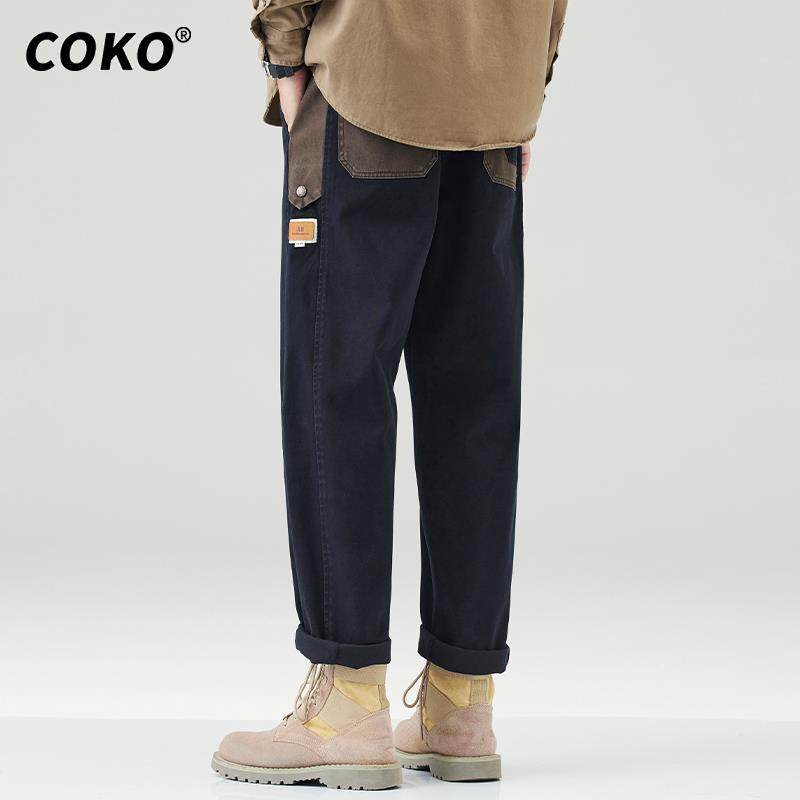 美式复古撞色拼接工装裤男士宽松大码秋冬季加绒潮牌锥形直筒裤子