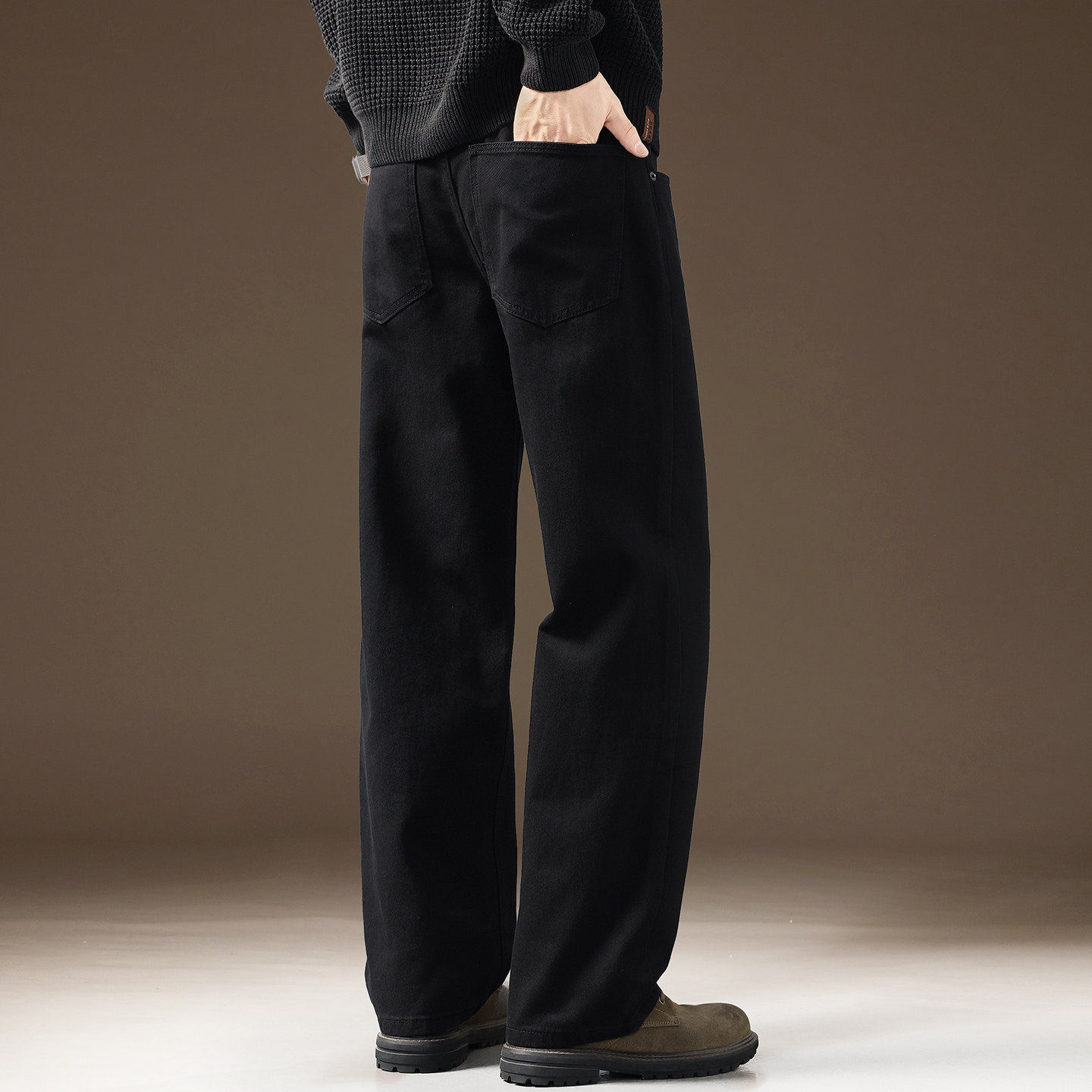 高端时尚简约百搭牛仔裤男士冬季加绒潮牌休闲宽松直筒休闲长裤子