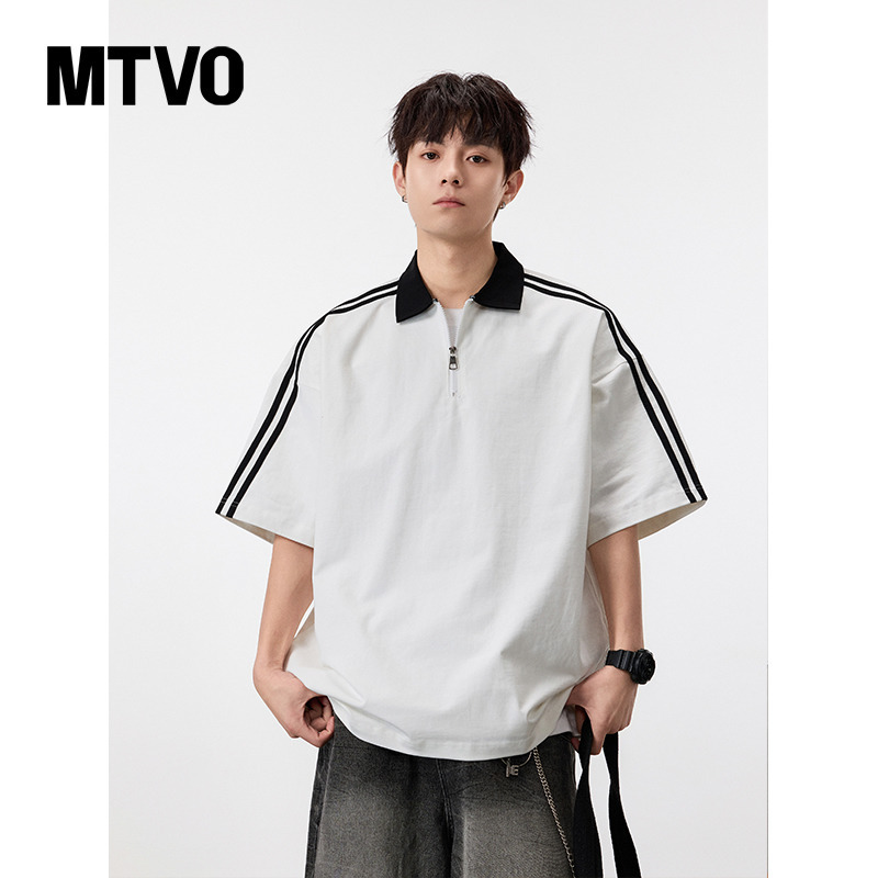 MTVO迈特优条纹重磅polo衫短袖男生夏季美式宽松上衣翻领t恤纯棉