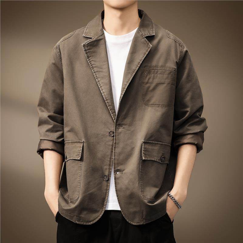 高端美式复古平驳领休闲西装夹克男秋季新款宽松纯棉单西服外套男