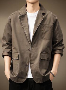 高端美式复古平驳领休闲西装夹克男秋季新款宽松纯棉单西服外套男