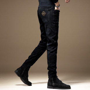 欧洲站高端潮牌印花牛仔裤男秋季加绒韩版轻奢弹力休闲修身小脚裤