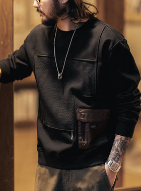 格蓝鹿美式复古潮牌拼接肌理感卫衣男秋冬宽松工装口袋圆领上衣男