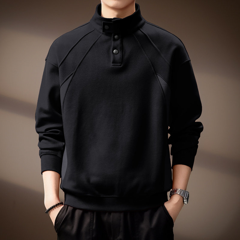 高端美式复古纽扣立领Polo衫卫衣男秋季重磅潮牌宽松休闲拼接上衣