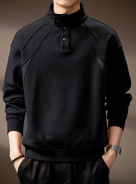 高端美式复古纽扣立领Polo衫卫衣男秋季重磅潮牌宽松休闲拼接上衣