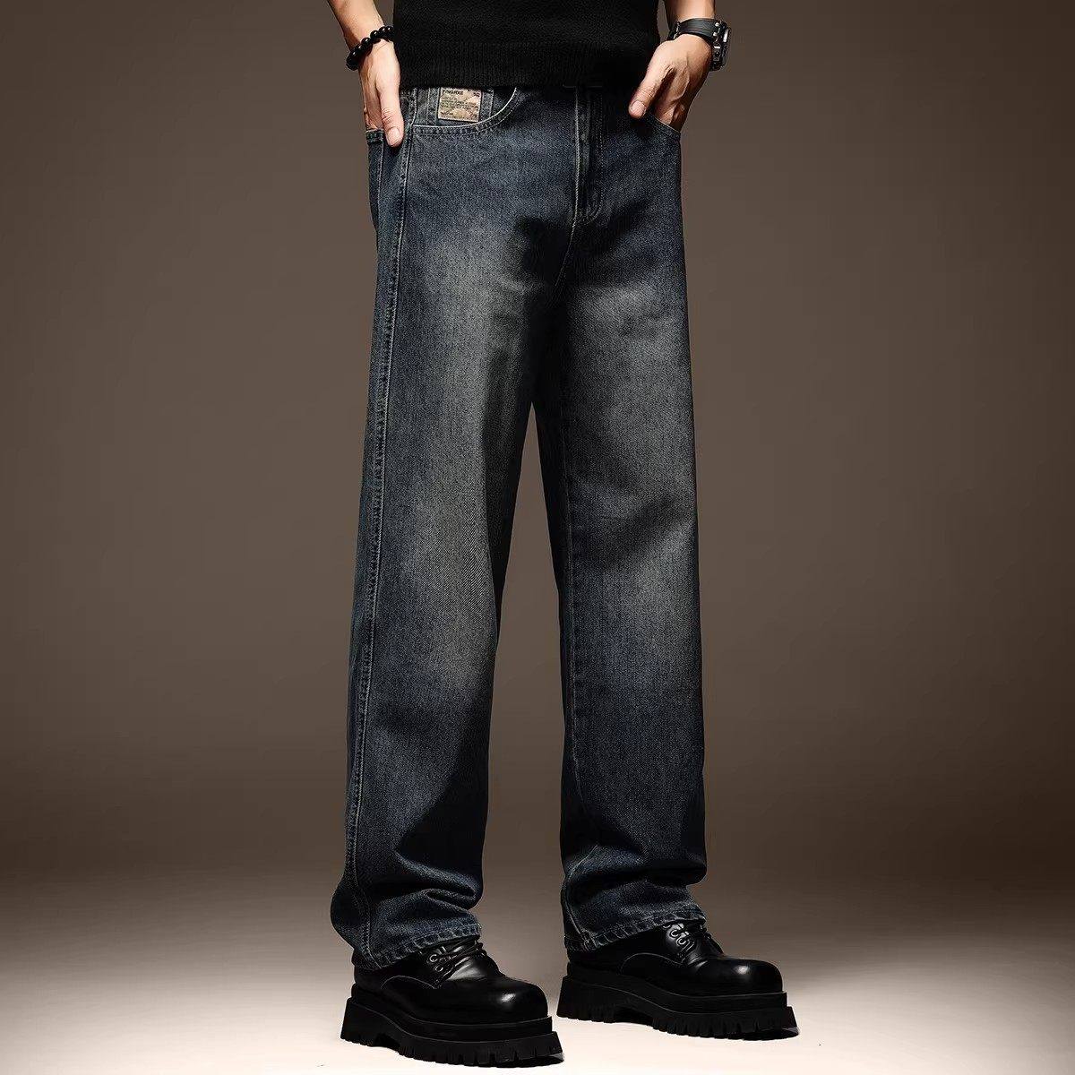 高端美式复古蓝色牛仔裤男潮牌休闲秋季加绒阔腿宽松直筒大码裤子