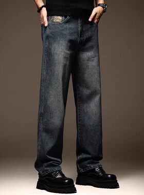高端美式复古蓝色牛仔裤男潮牌休闲秋季加绒阔腿宽松直筒大码裤子