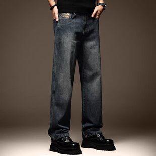 高端美式复古蓝色牛仔裤男潮牌休闲秋季加绒阔腿宽松直筒大码裤子