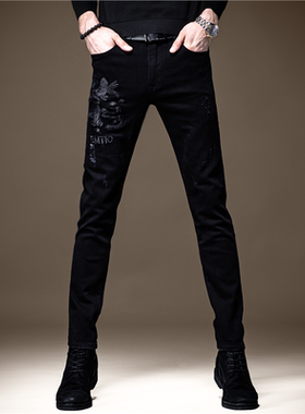 贵色秋季纯黑色金鱼刺绣牛仔裤男潮牌修身小脚休闲弹力新款裤子男