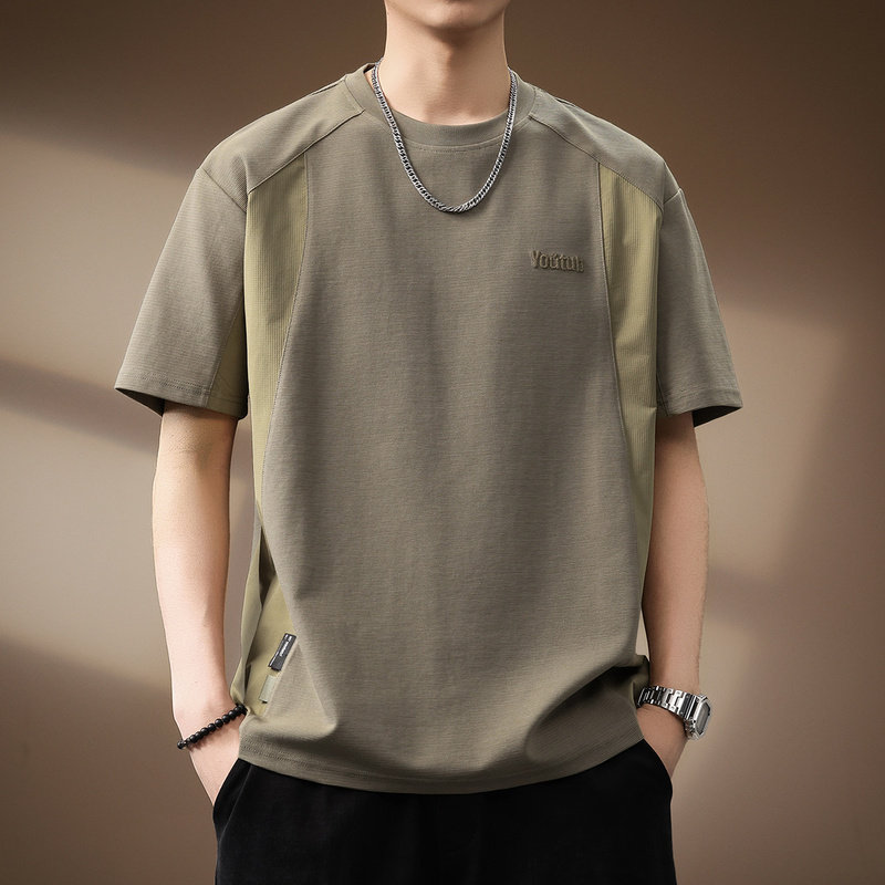 高端美式重磅肌理感短袖T恤男夏季潮牌宽松大码撞色拼接休闲体恤