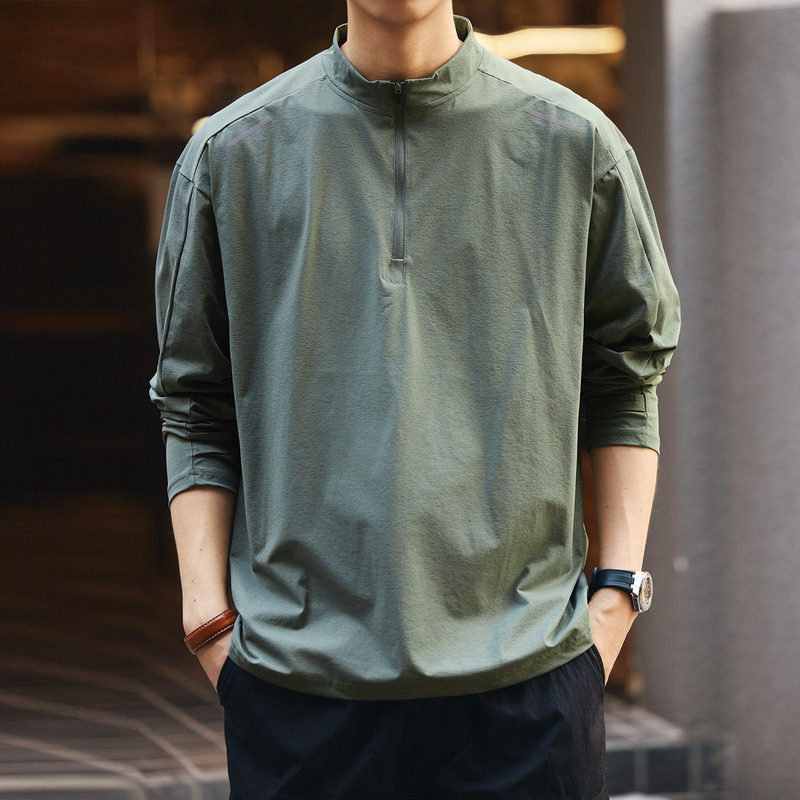 格蓝鹿美式户外骑行半高领拉链长袖T恤男春秋新款徒步速干打底衫