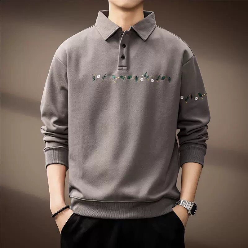 高端简约国风刺绣男士翻领Polo衫男秋季宽松长袖体恤衫设计感卫衣
