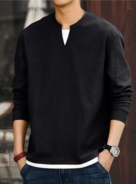 格蓝鹿美式黑色V领长袖t恤男秋季宽松休闲潮牌双层假两件体恤上衣