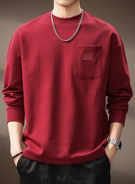 高端300g重磅简约纯色长袖T恤男士2025秋季新款潮牌宽松休闲卫衣